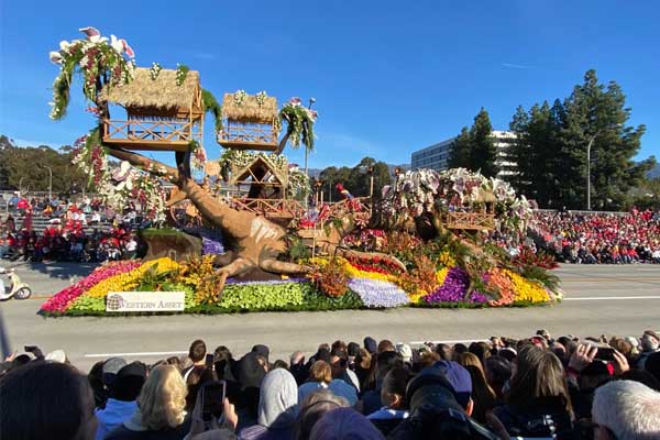 View of Rose Parade floats from seats on parade route