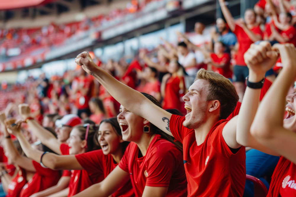 Excited sports fans cheering together in packed stadium
