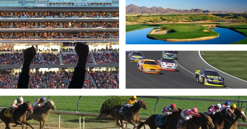 Collage of major sporting events including golf, racing, and horse racing